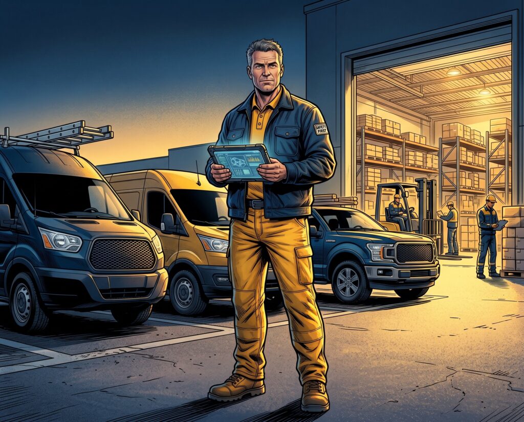 Comic book style illustration: Business owner standing in front of service vans and a warehouse
