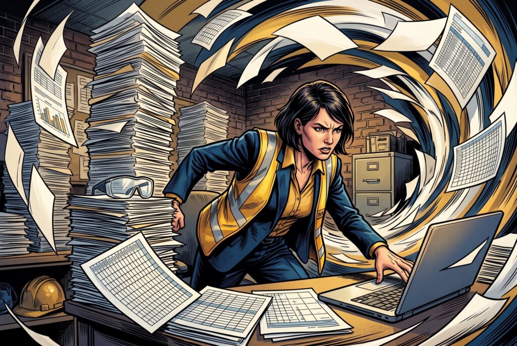 Comic book style illustration: Office manager surrounded by swirling stacks of spreadsheets
