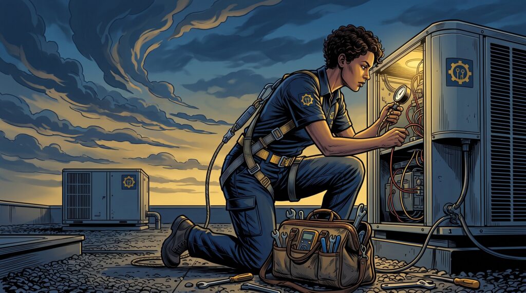 Comic book style illustration: HVAC technician servicing a rooftop unit