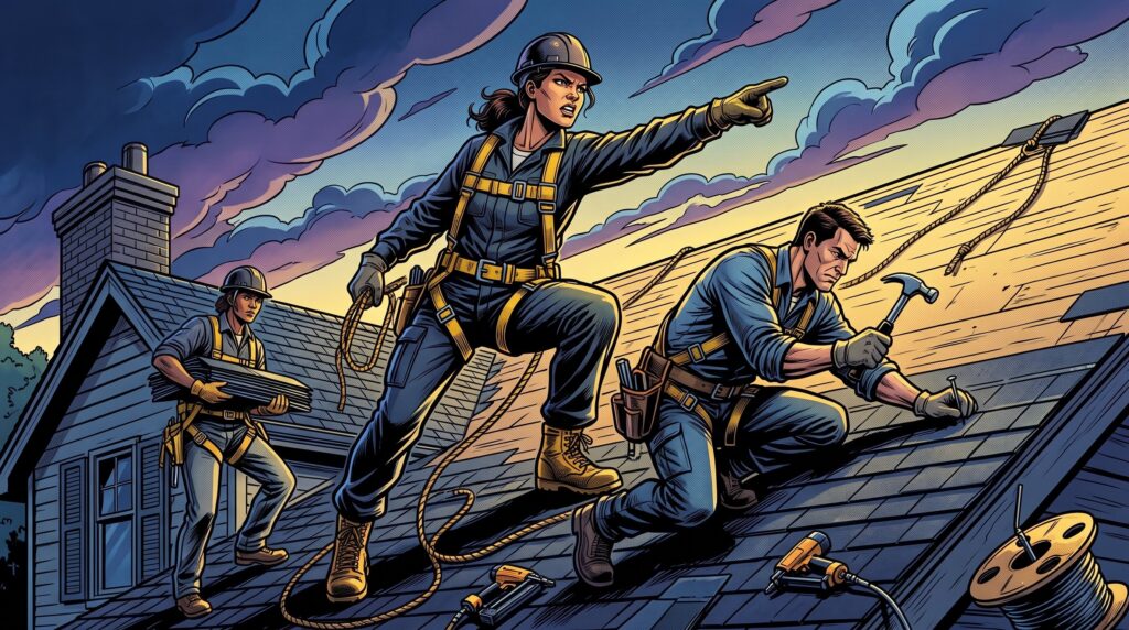 Comic book style illustration: Roofing crew working on a residential roof