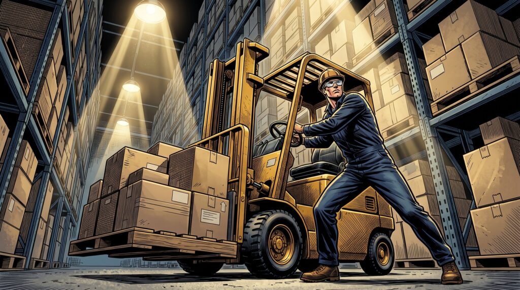 Comic book style illustration: Forklift moving a pallet in a distribution warehouse