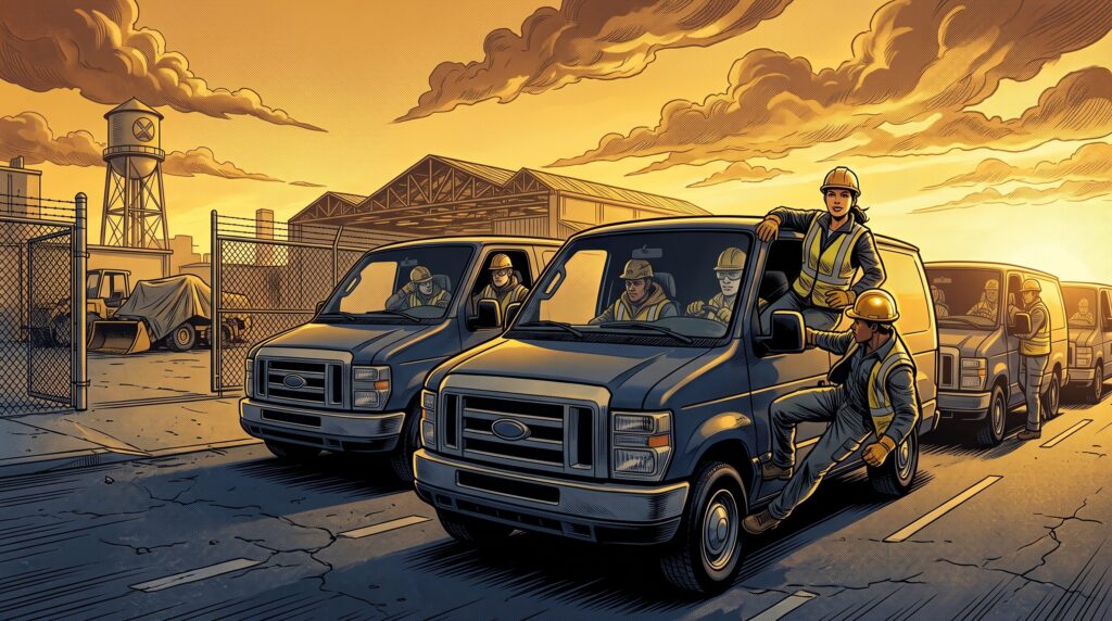 Comic book style illustration: Service vans leaving a company yard at sunrise