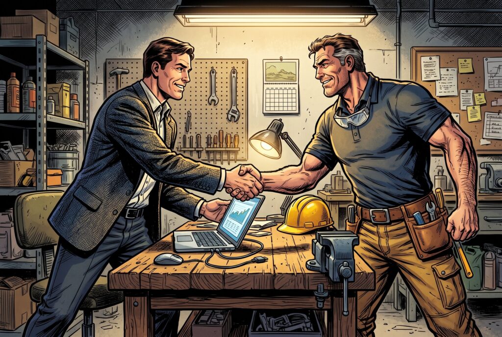 Comic book style illustration: Consultant and business owner shaking hands in a shop office
