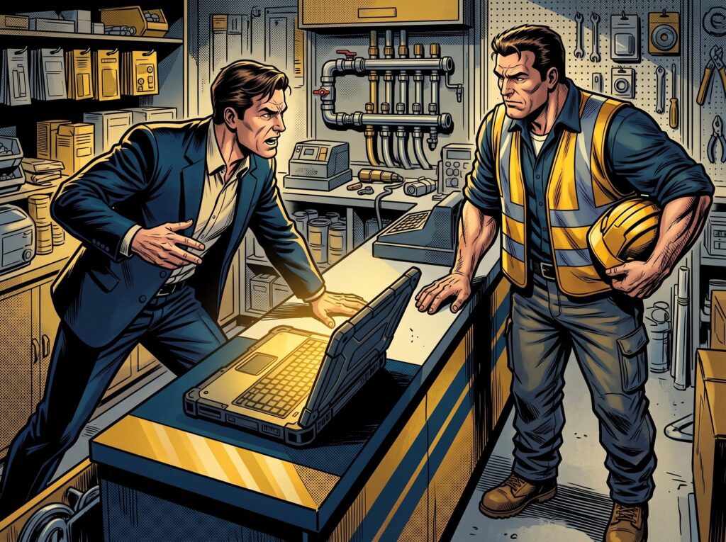 Comic book style illustration: Founder working with a client at a shop counter