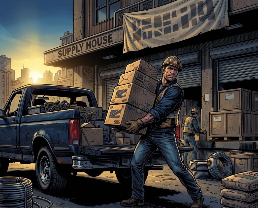 Comic book style illustration: Contractor loading supplies into a work truck