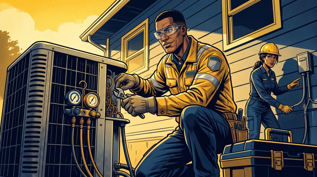 Comic book style illustration: Technician working on an HVAC unit