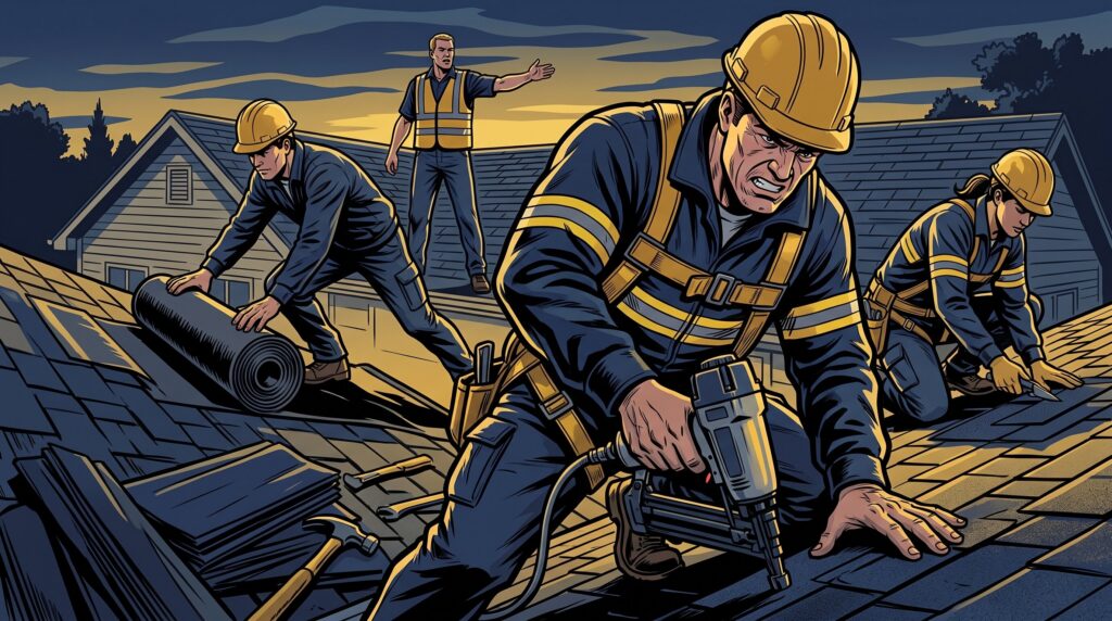 Comic book style illustration: Roofing crew on a residential roof