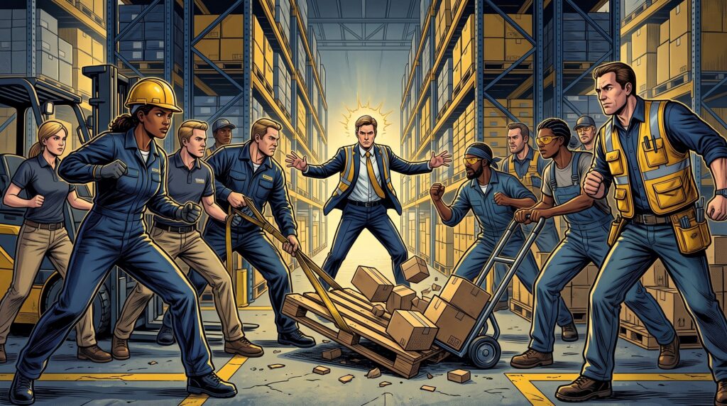 Comic book style illustration: Distribution warehouse aisle with pallets
