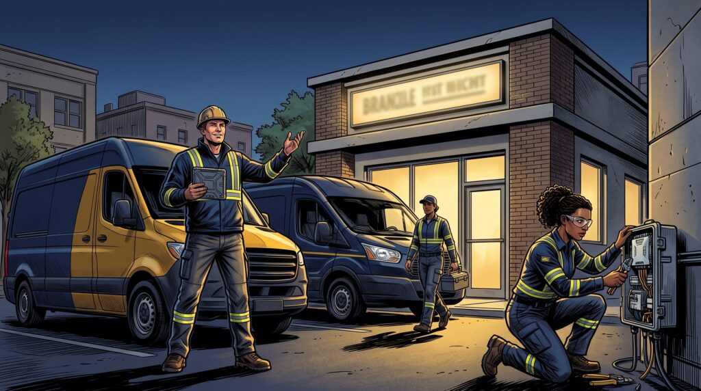 Comic book style illustration: Service vans parked at a branch location
