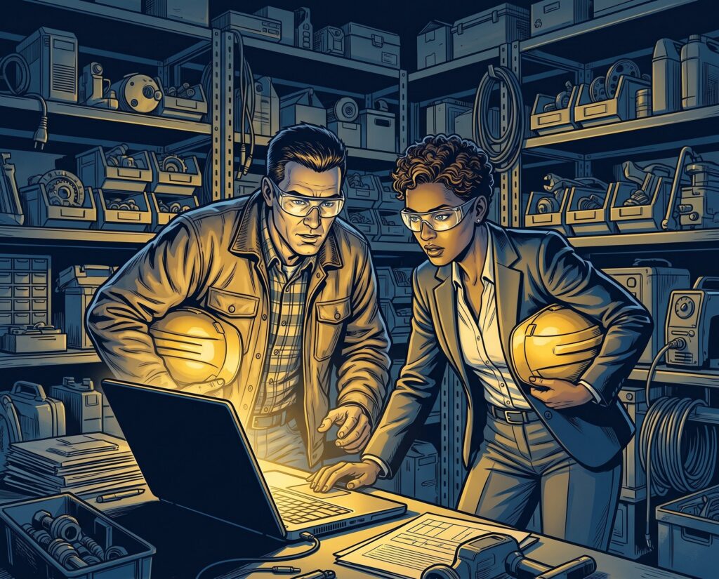 Comic book style illustration: Consultant and owner reviewing a dashboard on a laptop in a shop office