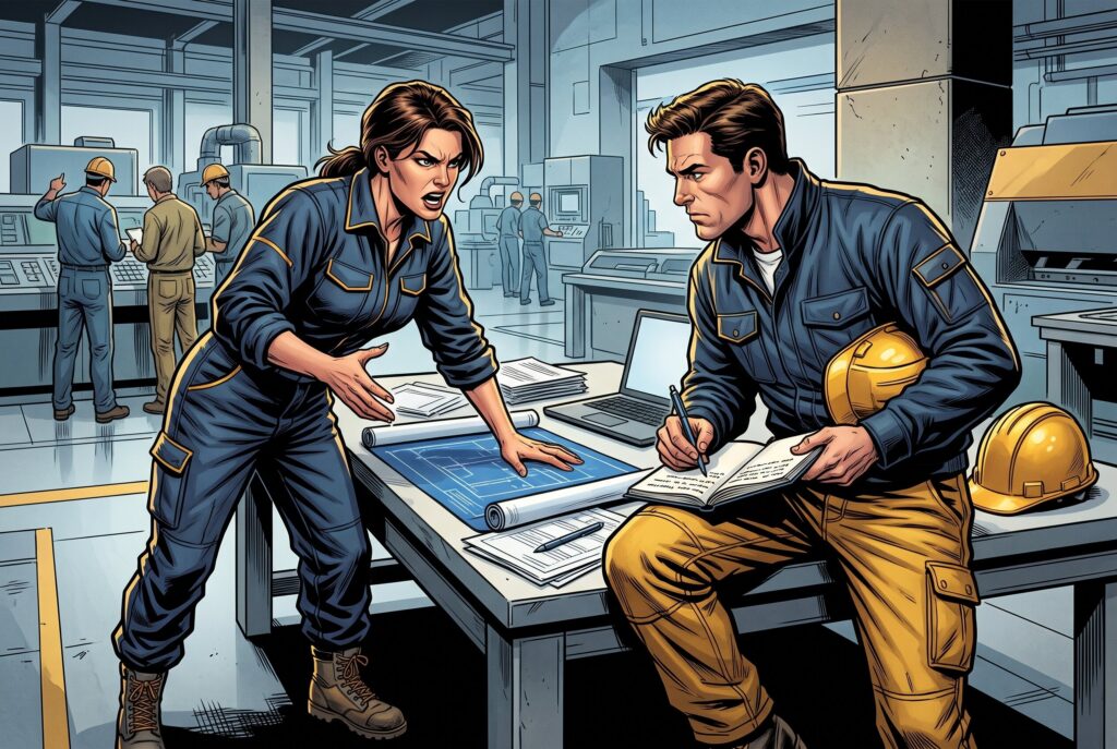 Comic book style illustration: Analyst taking notes during a planning session