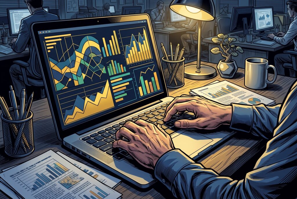 Comic book style illustration: Photo representing dashboard development