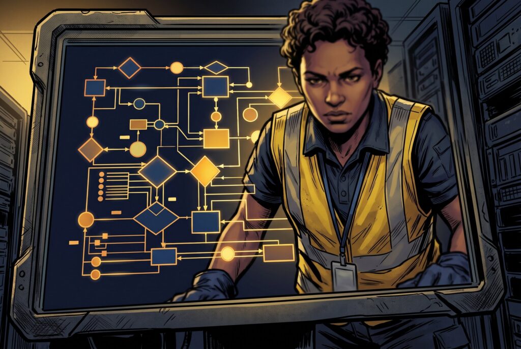 Comic book style illustration: Photo representing data modeling & sql