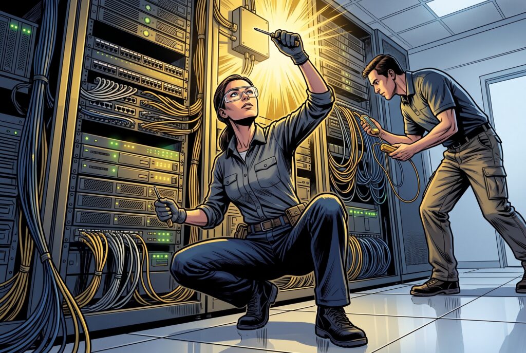 Comic book style illustration: Photo representing data pipelines & warehousing