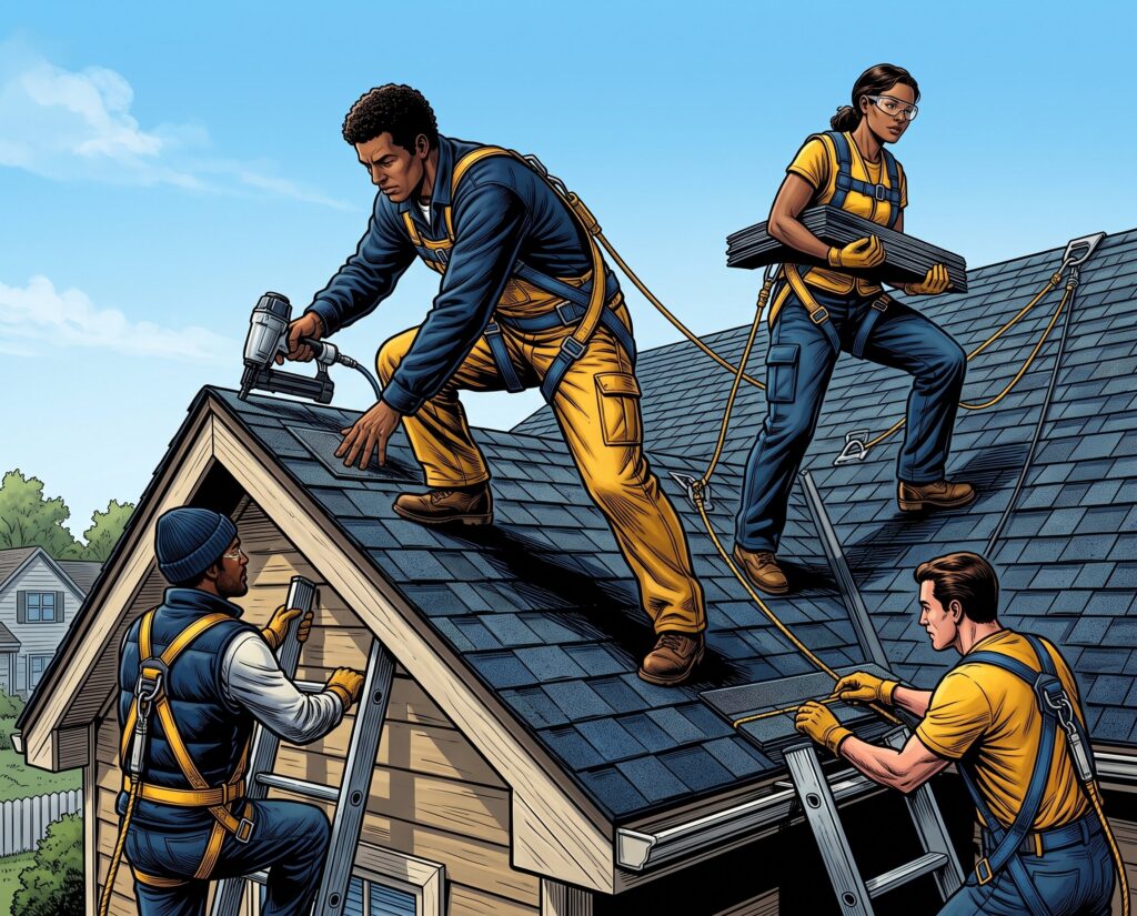 Comic book style illustration: Roofing crew working on a residential roof