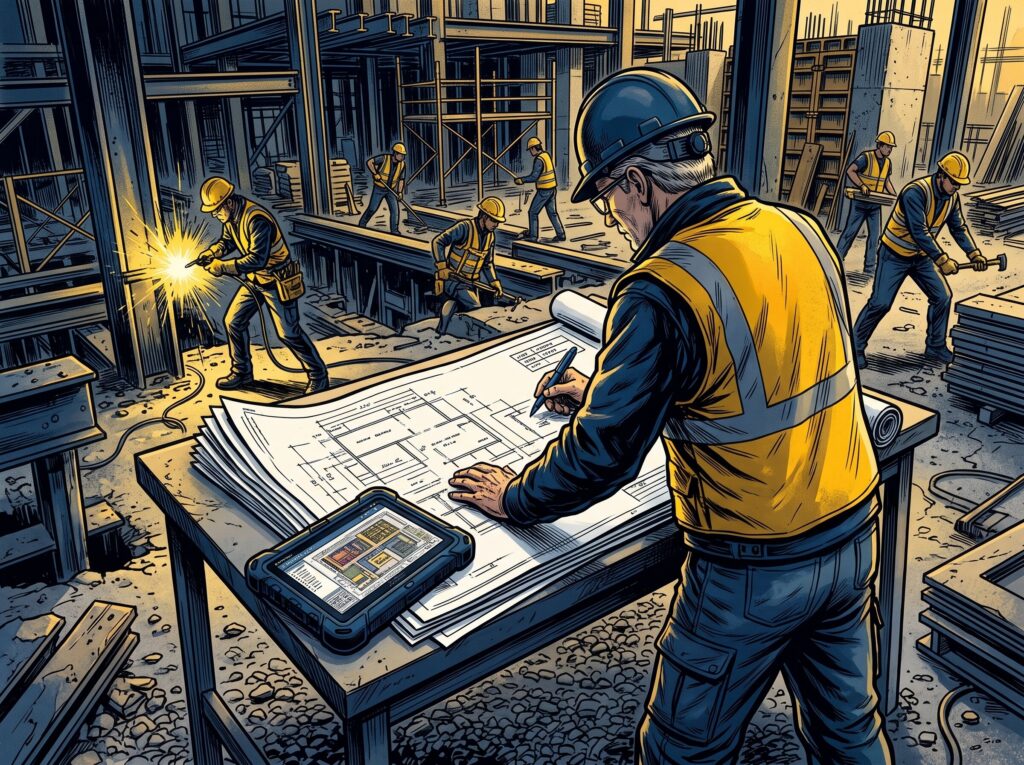 Comic book style illustration: Estimator reviewing construction plans with a tablet