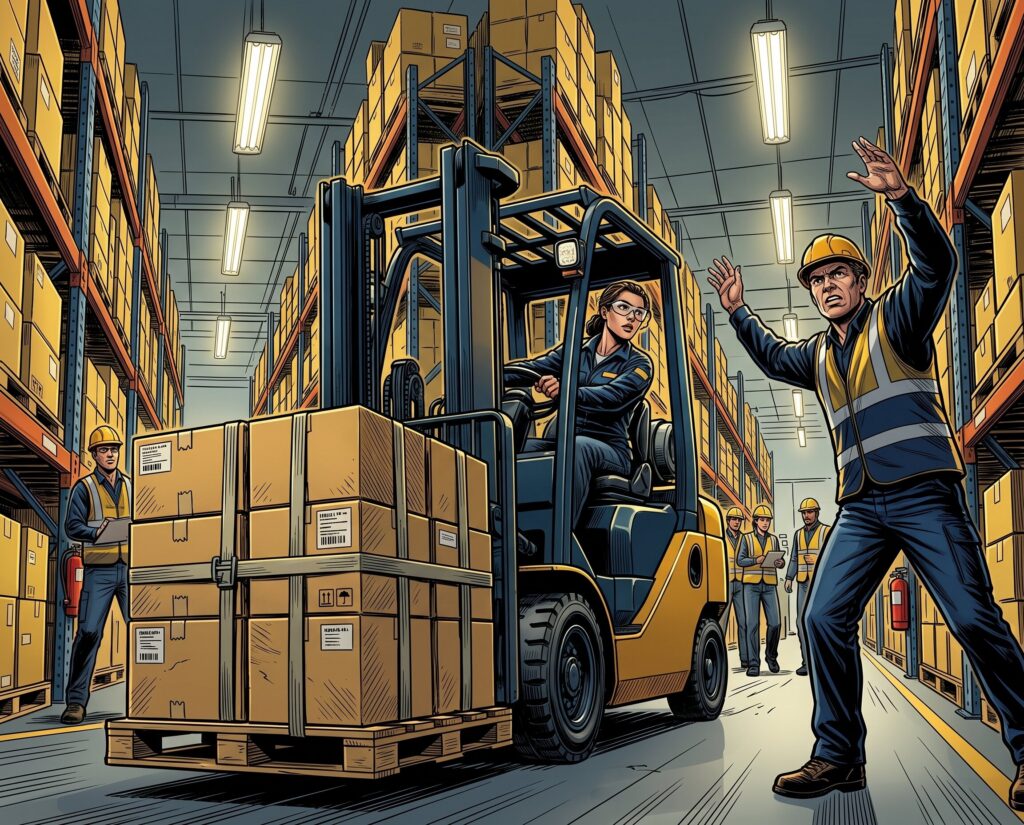 Comic book style illustration: Forklift moving pallets in a distribution warehouse