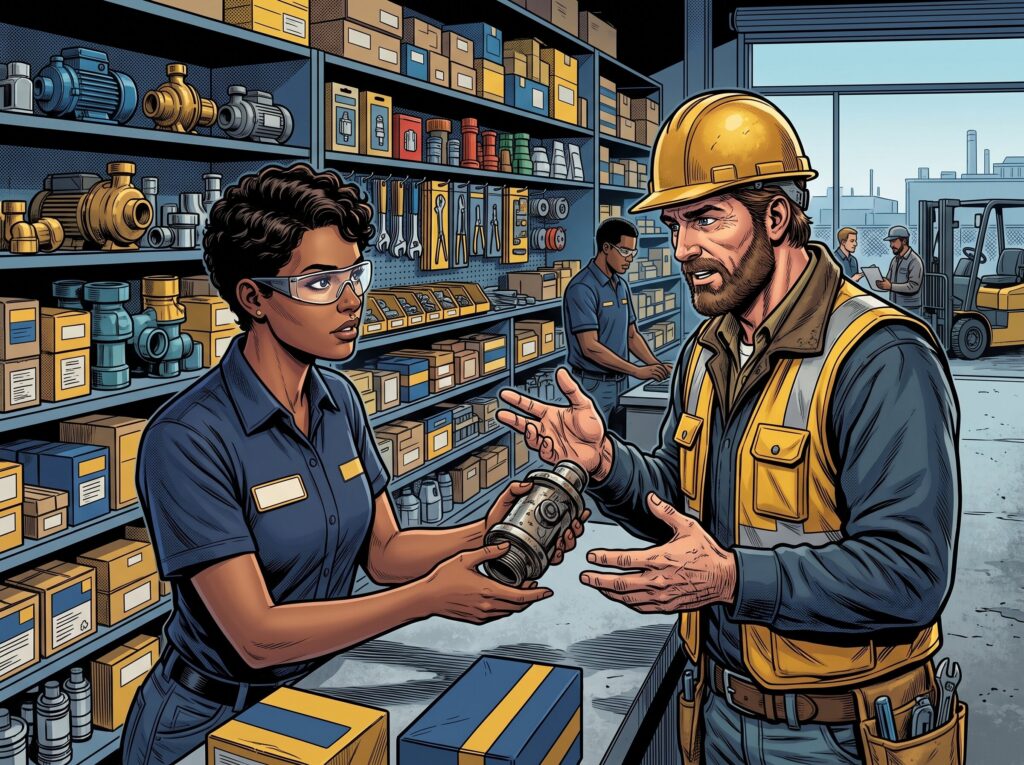 Comic book style illustration: Counter sales associate helping a contractor at a supply house