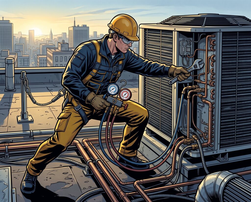 Comic book style illustration: HVAC technician servicing a rooftop unit