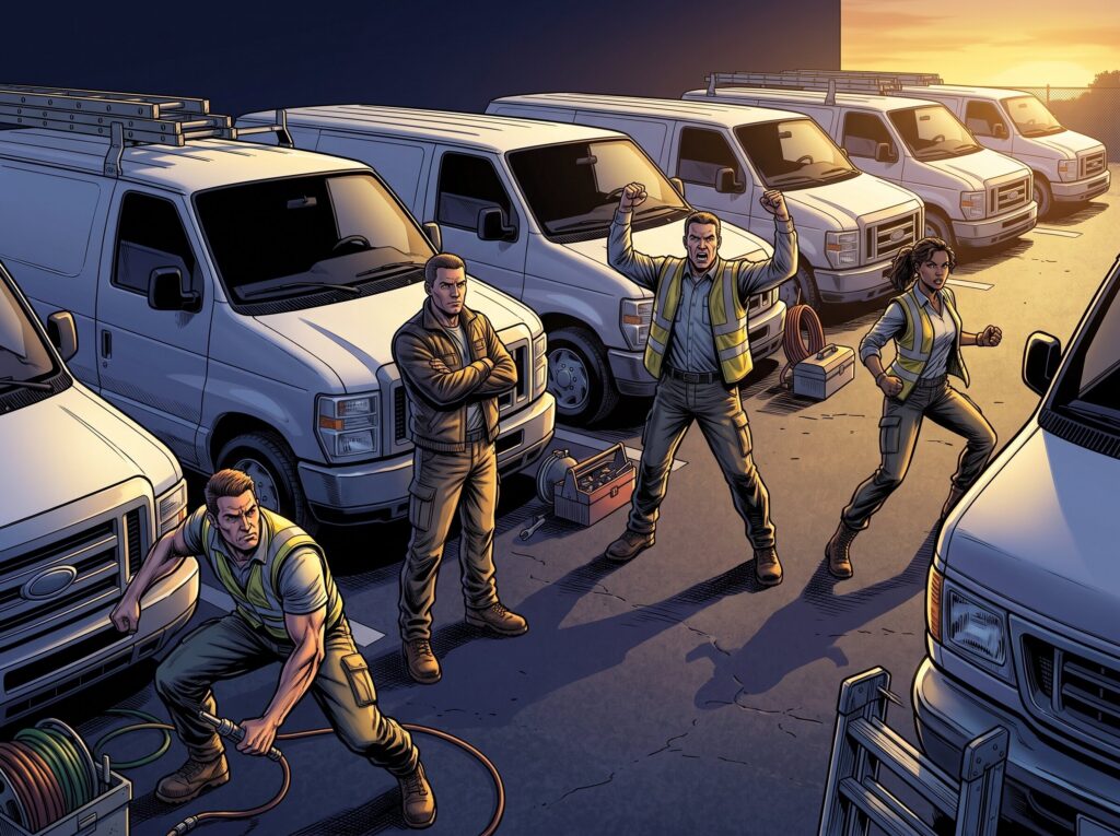Comic book style illustration: Fleet of service vans parked in a company yard