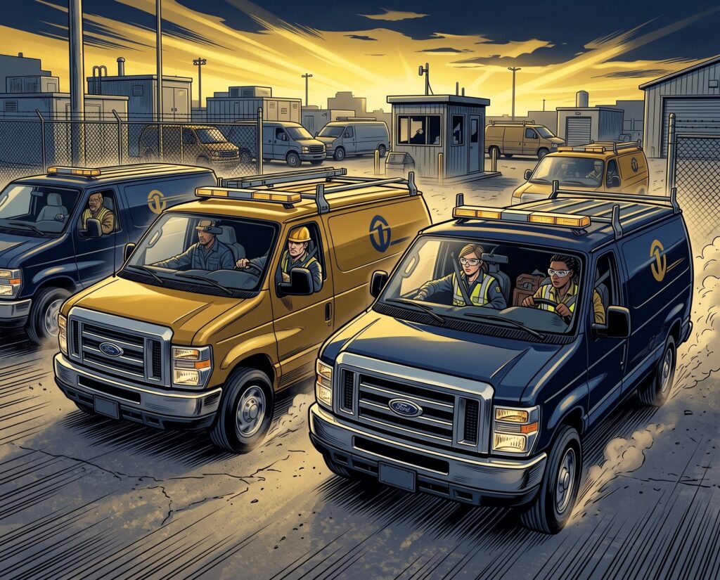Comic book style illustration: Service vans leaving a company yard in the morning