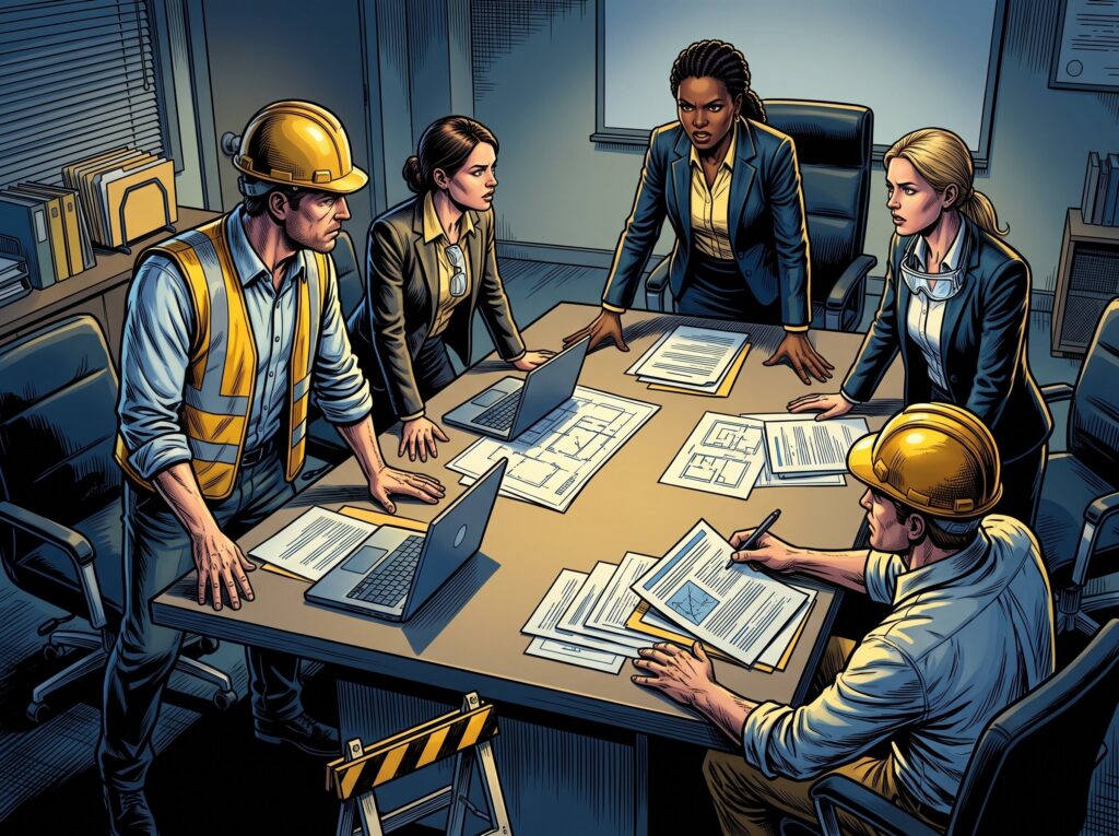 Comic book style illustration: Regional manager meeting with branch leads