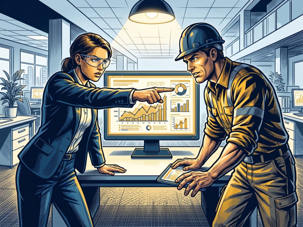 Comic book style illustration: Marketing and operations staff collaborating at a shared screen