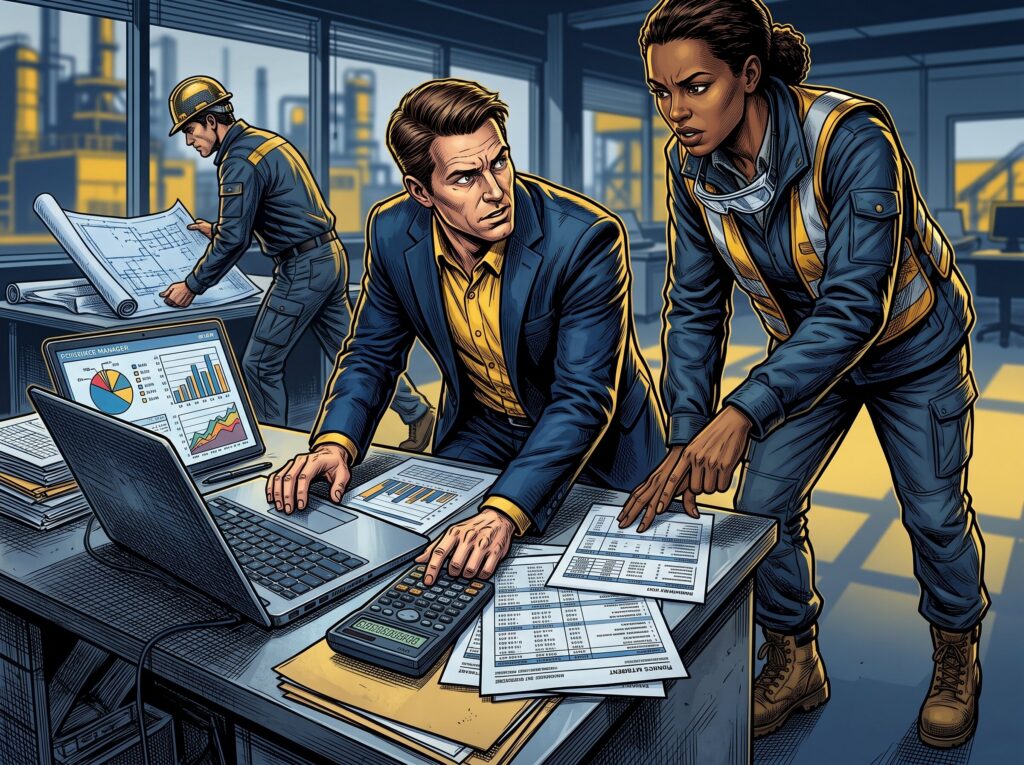 Comic book style illustration: Finance manager reviewing a spreadsheet and report on a laptop