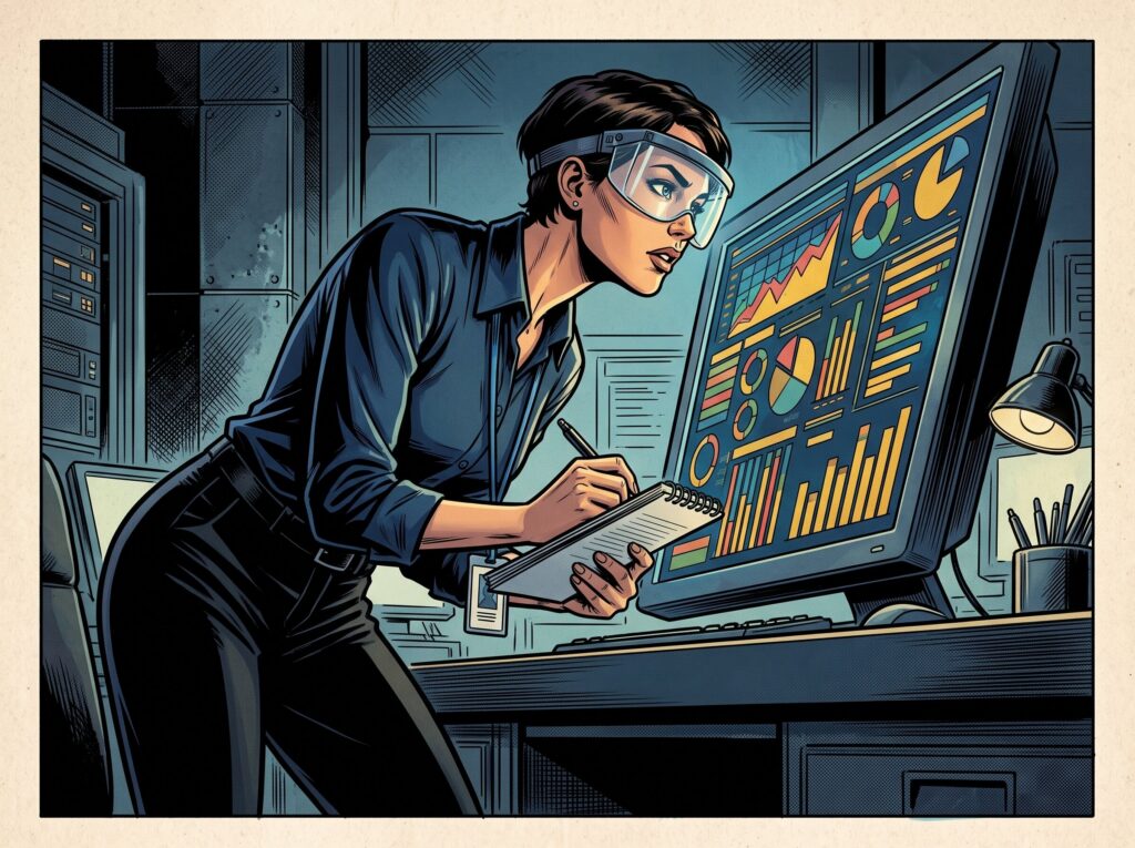 Comic book style illustration: Analyst exploring charts on a large monitor