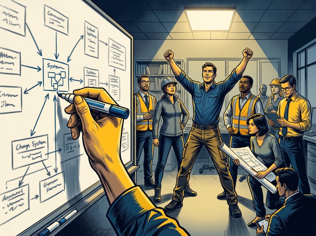 Comic book style illustration: Whiteboard sketch mapping business software systems