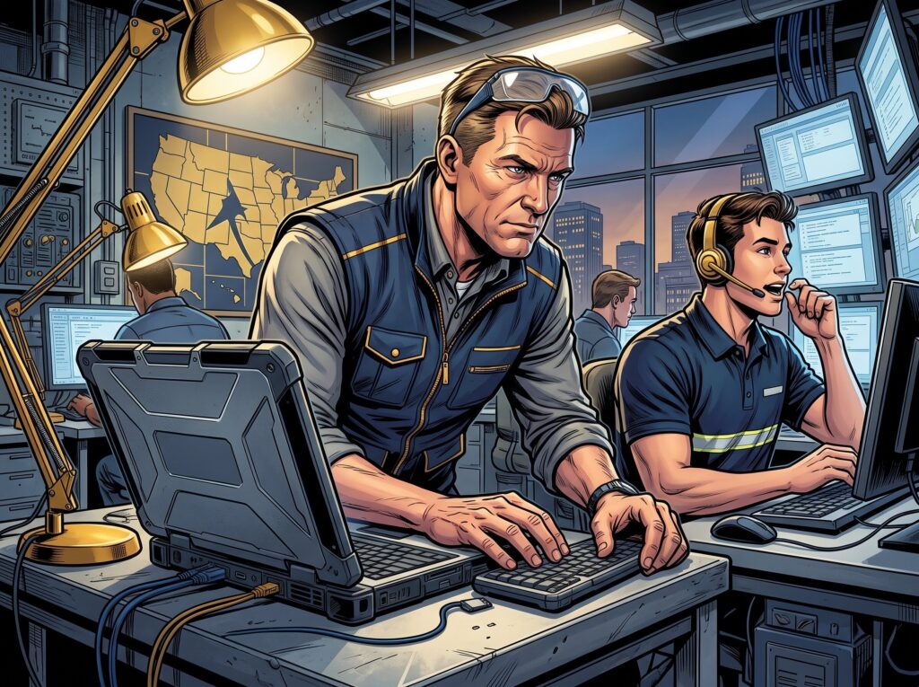 Comic book style illustration: Operations manager reviewing a laptop in a busy dispatch office