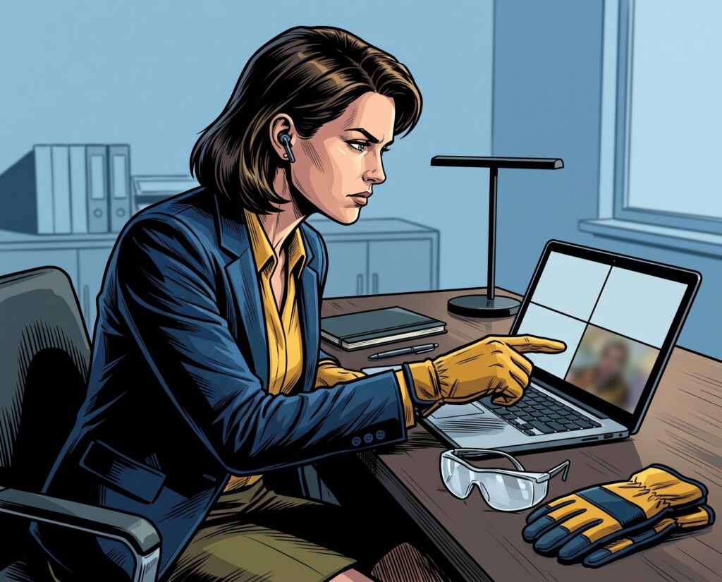 Comic book style illustration: Consultant on a video call reviewing a report with a client