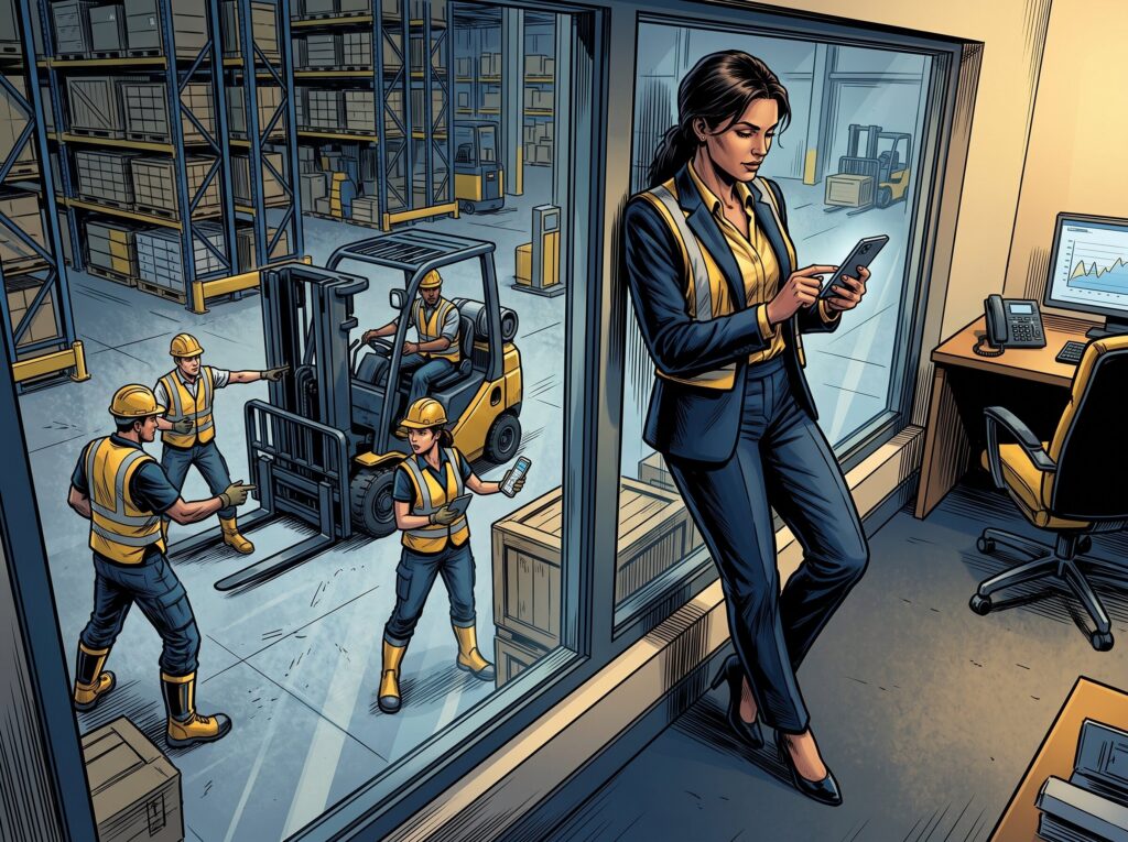 Comic book style illustration: Business owner checking a phone in a warehouse office