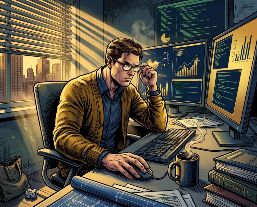 Comic book style illustration: Analyst working at a desk with two monitors