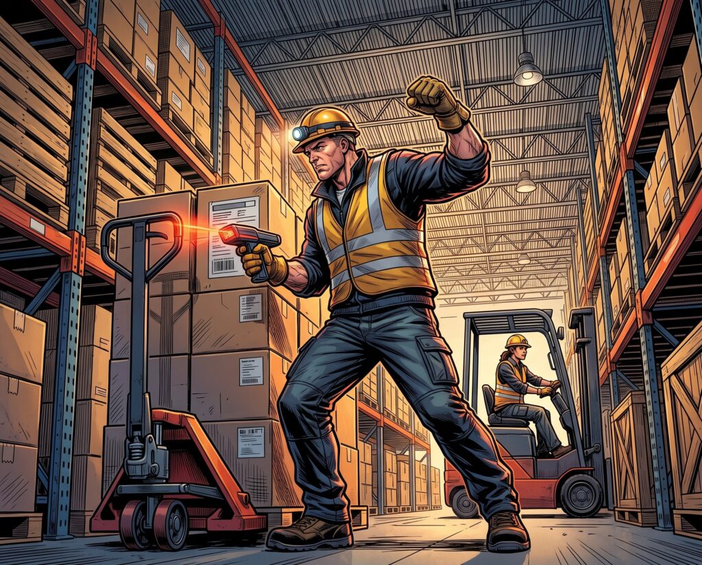 Comic book style illustration: Warehouse worker scanning inventory in a distribution center aisle