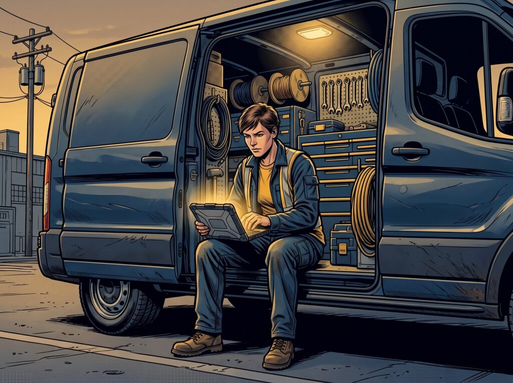 Comic book style illustration: Technician syncing a tablet inside a service van